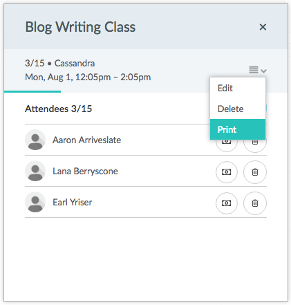 Class roster print menu.